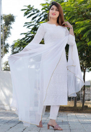 Chikankari Rayon Pakistani Suit in White
