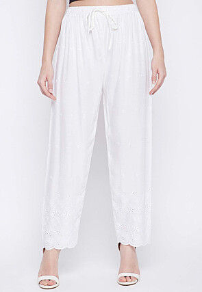 Chikankari Rayon Pant in White