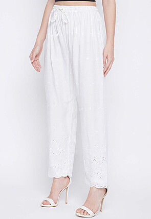 Chikankari Rayon Pant in White