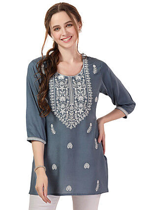 Chikankari Rayon Short Kurti in Grey
