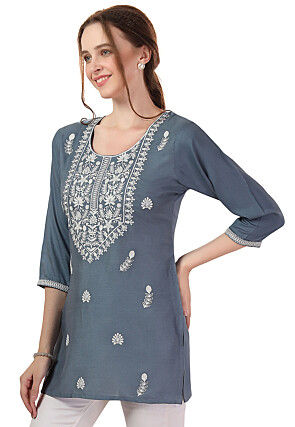 Chikankari Rayon Short Kurti in Grey