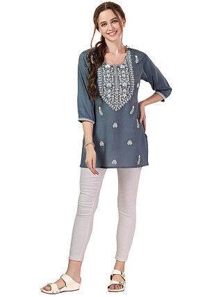 Chikankari Rayon Short Kurti in Grey