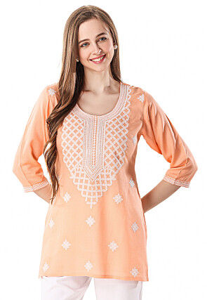 Chikankari Rayon Short Kurti in Peach