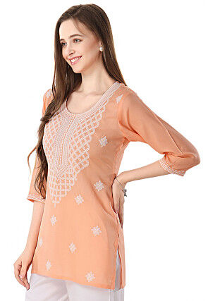 Chikankari Rayon Short Kurti in Peach