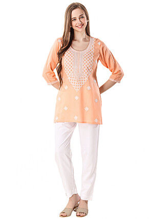 Chikankari Rayon Short Kurti in Peach
