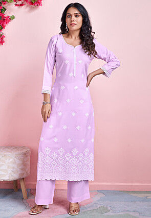 Chikankari Rayon Straight Kurta Set in Light Purple