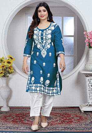 Chikankari Rayon Straight Kurta Set in Teal Blue