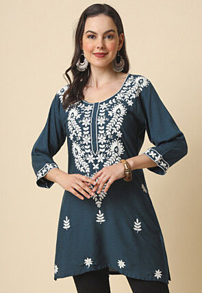 Chikankari Rayon Straight Kurti in Dark Grey