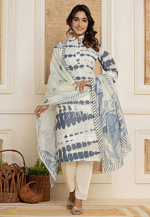 Chikankari Tie Dyed Pure Cotton Pakistani Suit in Off White