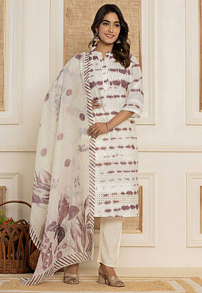 Chikankari Tie Dyed Pure Cotton Pakistani Suit in Off White