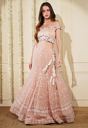 Chikankari Viscose Georgette Lehenga in Peach