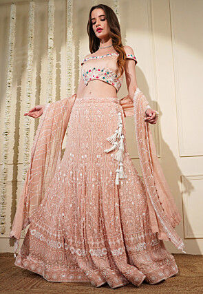 Chikankari Viscose Georgette Lehenga in Peach