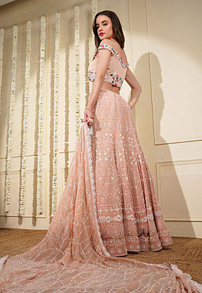 Chikankari Viscose Georgette Lehenga in Peach