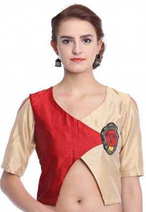 Color Block Art Silk Blouse in Beige and Red