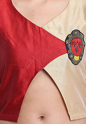 Color Block Art Silk Blouse in Beige and Red