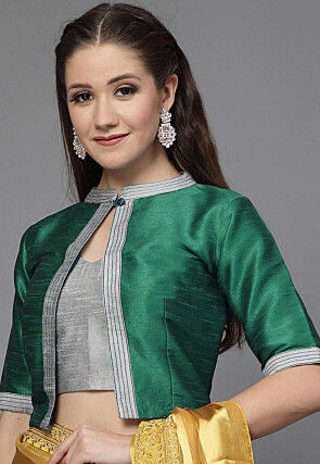 Color Block Art Silk Blouse in Green and Grey