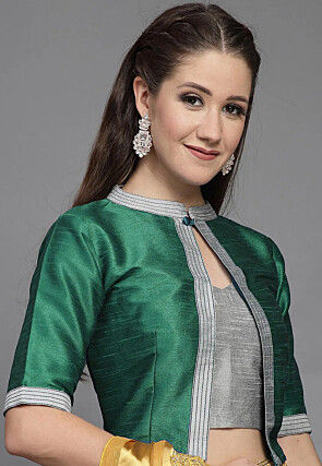 Color Block Art Silk Blouse in Green and Grey