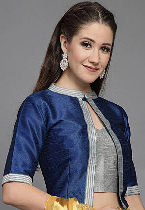 Color Block Art Silk Blouse in Teal Blue and Grey