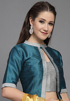 Color Block Art Silk Blouse in Teal Blue and Grey