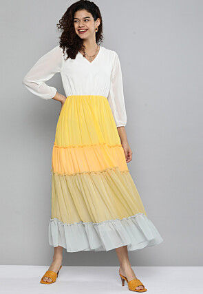 Color Block Georgette Tiered Dress in Multicolor