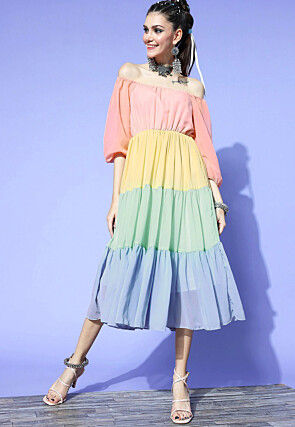 Color Block Georgette Tiered Dress in Multicolor