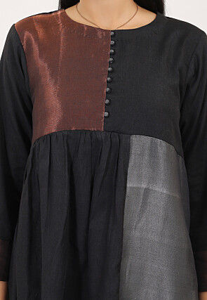 Color Block Pure Cotton Aline Kurta Set in Black