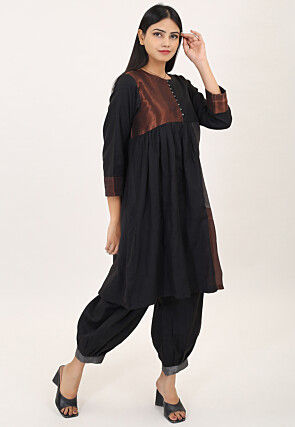 Color Block Pure Cotton Aline Kurta Set in Black