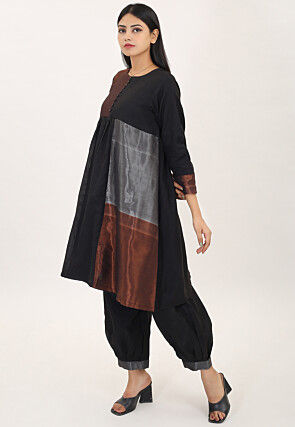 Color Block Pure Cotton Aline Kurta Set in Black
