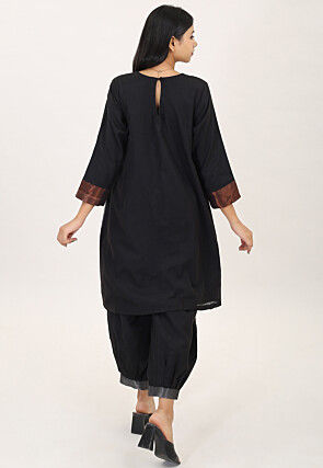 Color Block Pure Cotton Aline Kurta Set in Black