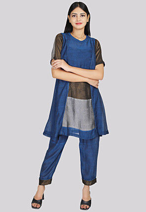 Color Block Pure Cotton Shimmer Aline Kurta Set in Teal Blue