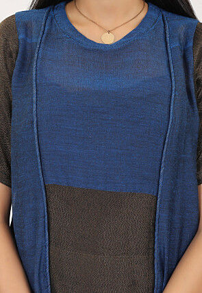 Color Block Pure Cotton Shimmer Aline Kurta Set in Teal Blue