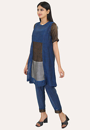 Color Block Pure Cotton Shimmer Aline Kurta Set in Teal Blue