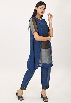 Color Block Pure Cotton Shimmer Aline Kurta Set in Teal Blue