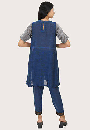Color Block Pure Cotton Shimmer Aline Kurta Set in Teal Blue