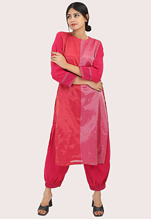 Color Block Pure Cotton Shimmer Straight Kurta Set in Fuchsia