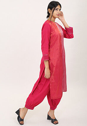 Color Block Pure Cotton Shimmer Straight Kurta Set in Fuchsia