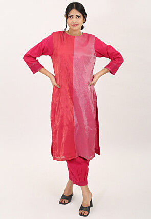 Color Block Pure Cotton Shimmer Straight Kurta Set in Fuchsia