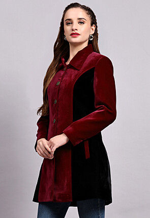 Color Block Velvet Jacket in Maroon and Black