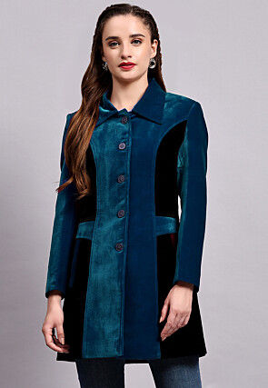 Color Block Velvet Jacket in Teal Blue and Black