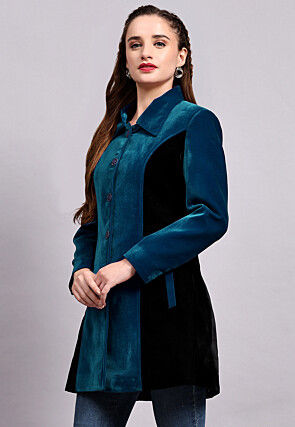 Color Block Velvet Jacket in Teal Blue and Black