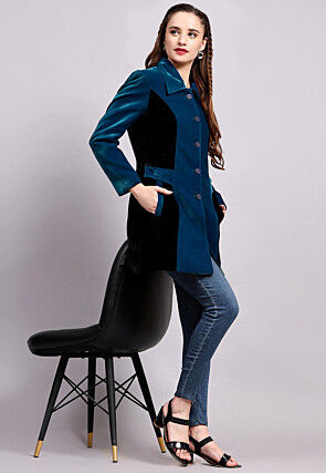 Color Block Velvet Jacket in Teal Blue and Black
