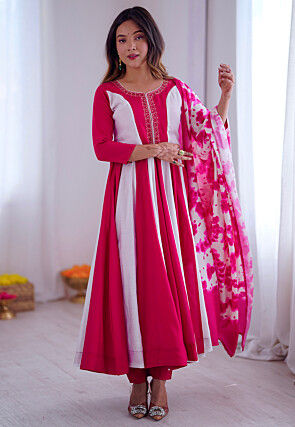 Color Blocked Art Silk Anarkali Suit in Fuchsia and White