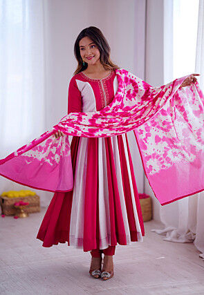 Color Blocked Art Silk Anarkali Suit in Fuchsia and White