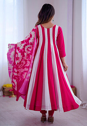 Color Blocked Art Silk Anarkali Suit in Fuchsia and White