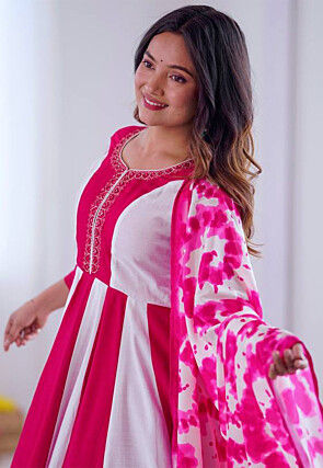 Color Blocked Art Silk Anarkali Suit in Fuchsia and White