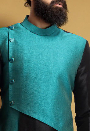 Color Blocked Art Silk Jodhpuri Suit in Blue and Black