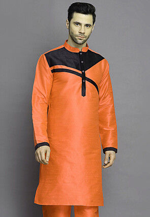 Color Blocked Art Silk Kurta in Orange