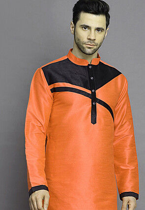 Color Blocked Art Silk Kurta in Orange