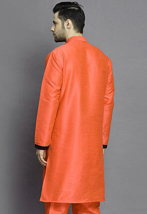 Color Blocked Art Silk Kurta in Orange