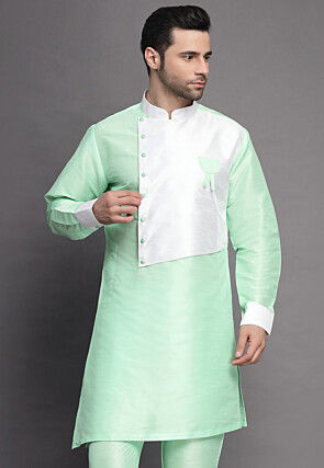 Color Blocked Art Silk Kurta in Sea Green
